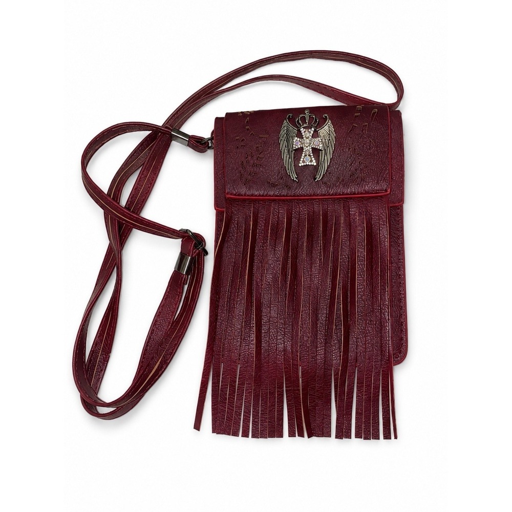 Burgundy Fringe Crossbody Bag Wings Cross Boho Western Festival Purse Cell Phone